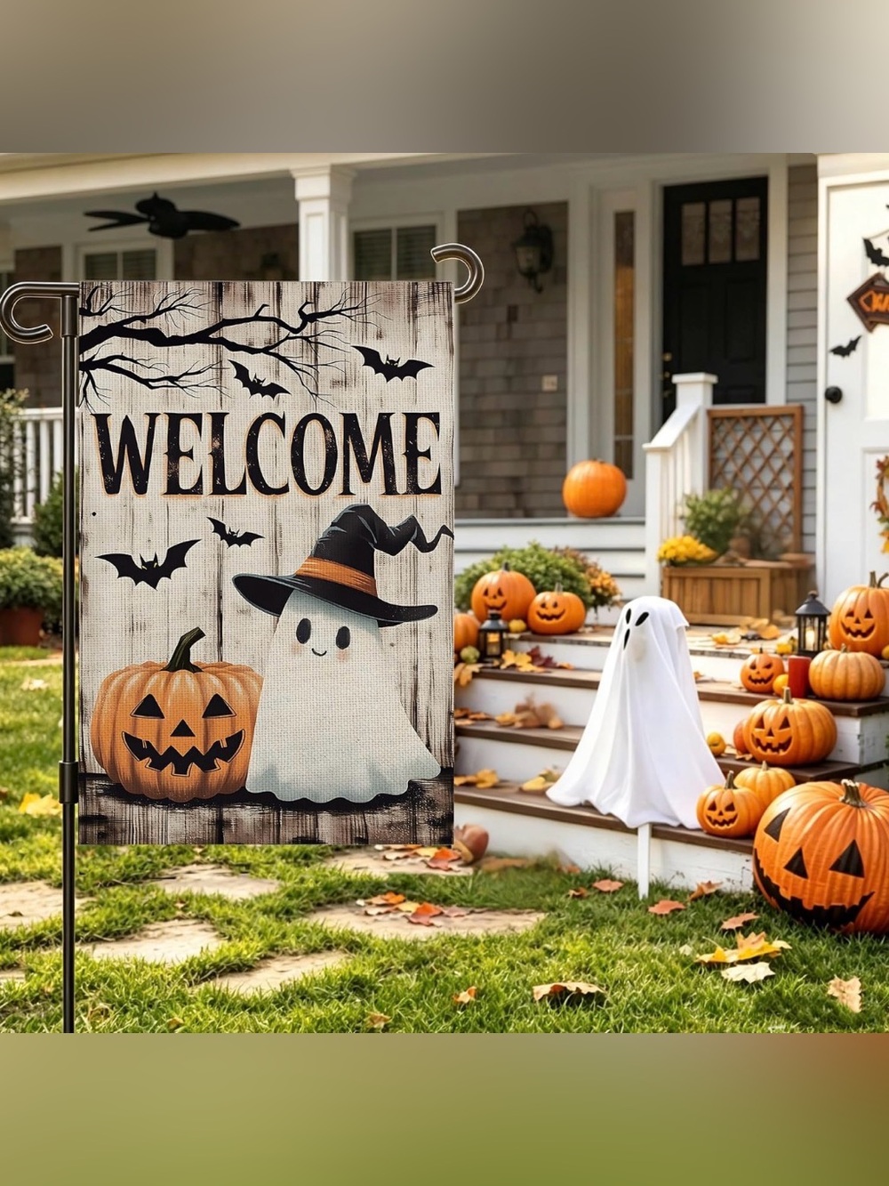 Welcome Halloween Ghost & Pumpkin Garden Flag - White/Orange